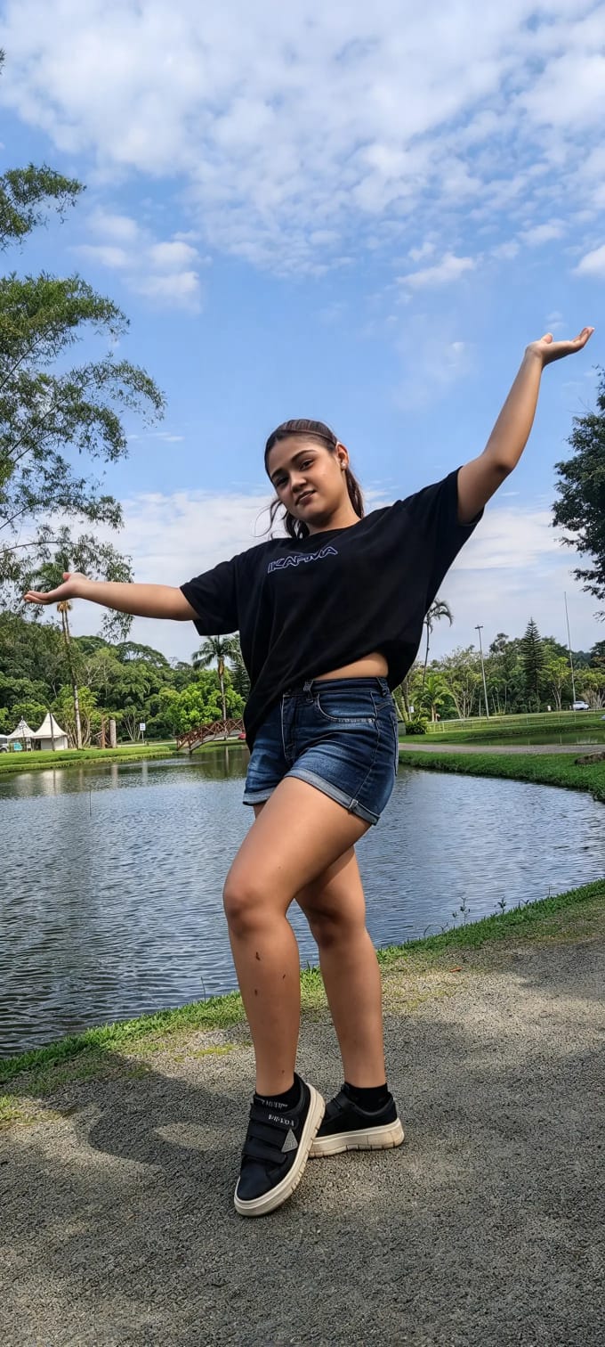 Ensaio externo — pose de braços abertos à beira do lago