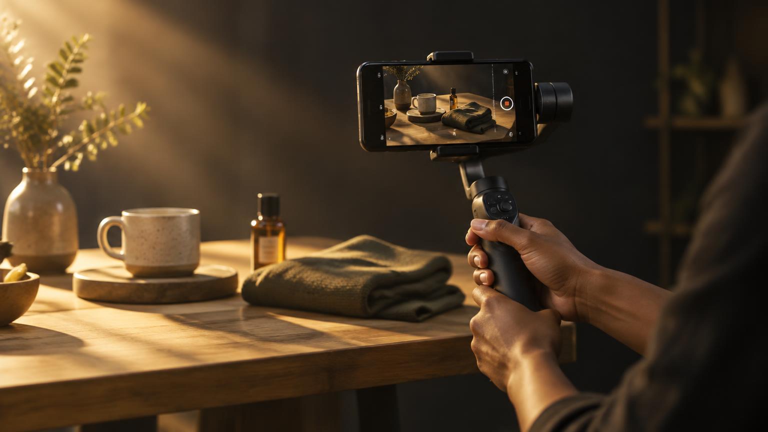 Imagem ilustrativa de captação de vídeo com celular em suporte, gravando produtos de uma marca